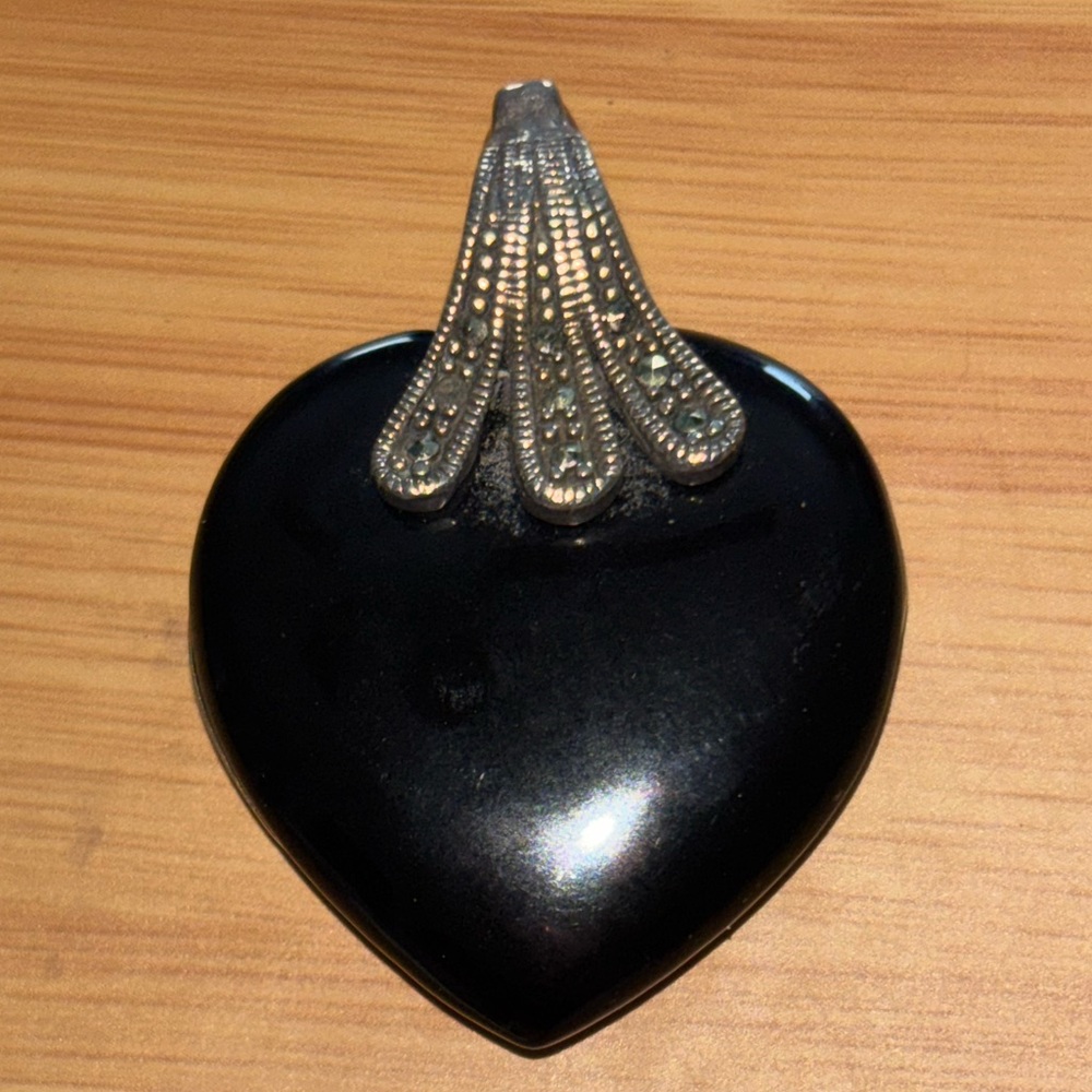 Vintage Onyx, Marcasite, and Sterling Pendant